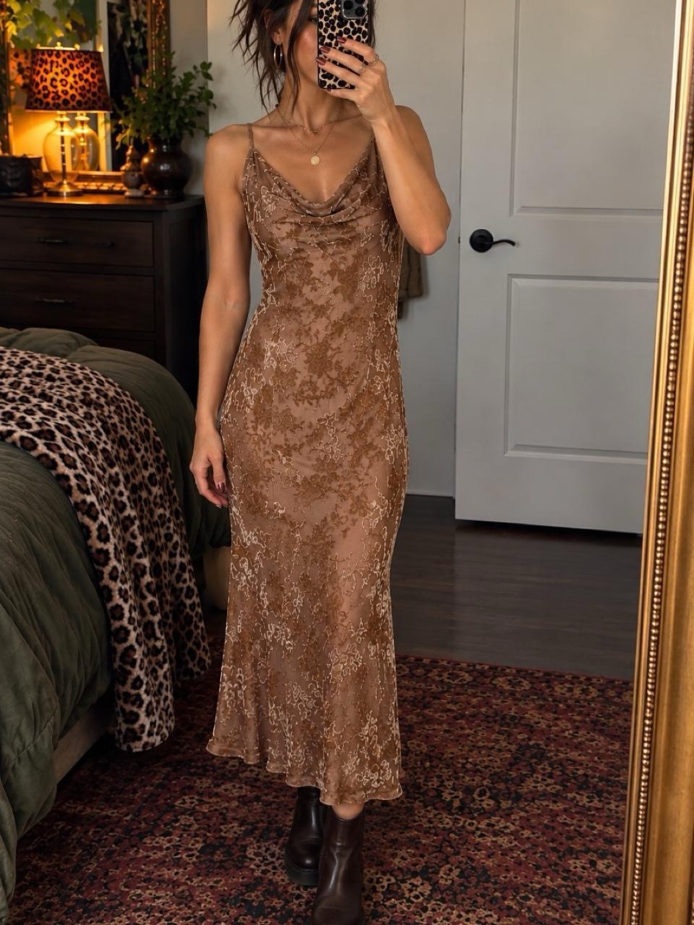 VICI Brown Velvet Burnout Cowl Neck Maxi Dress Size Small